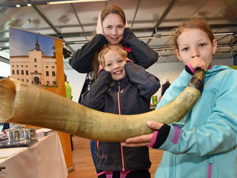 Instrumente ausprobieren beim Stand des Musikinstrumentenmuseums Schloss Kremsegg.