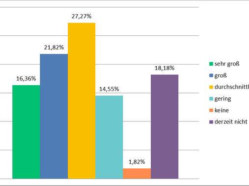 38,18% der Museen beurteilen die Folgen der Corona-Krise auf ihr Haus mit sehr groß oder groß. Durchschnittliche Folgen sehen 27,27% der Museen und geringe Folgen 14,55%. Lediglich 1,82% würden in der Corona-Krise keine Folgen für ihr Haus sehen.